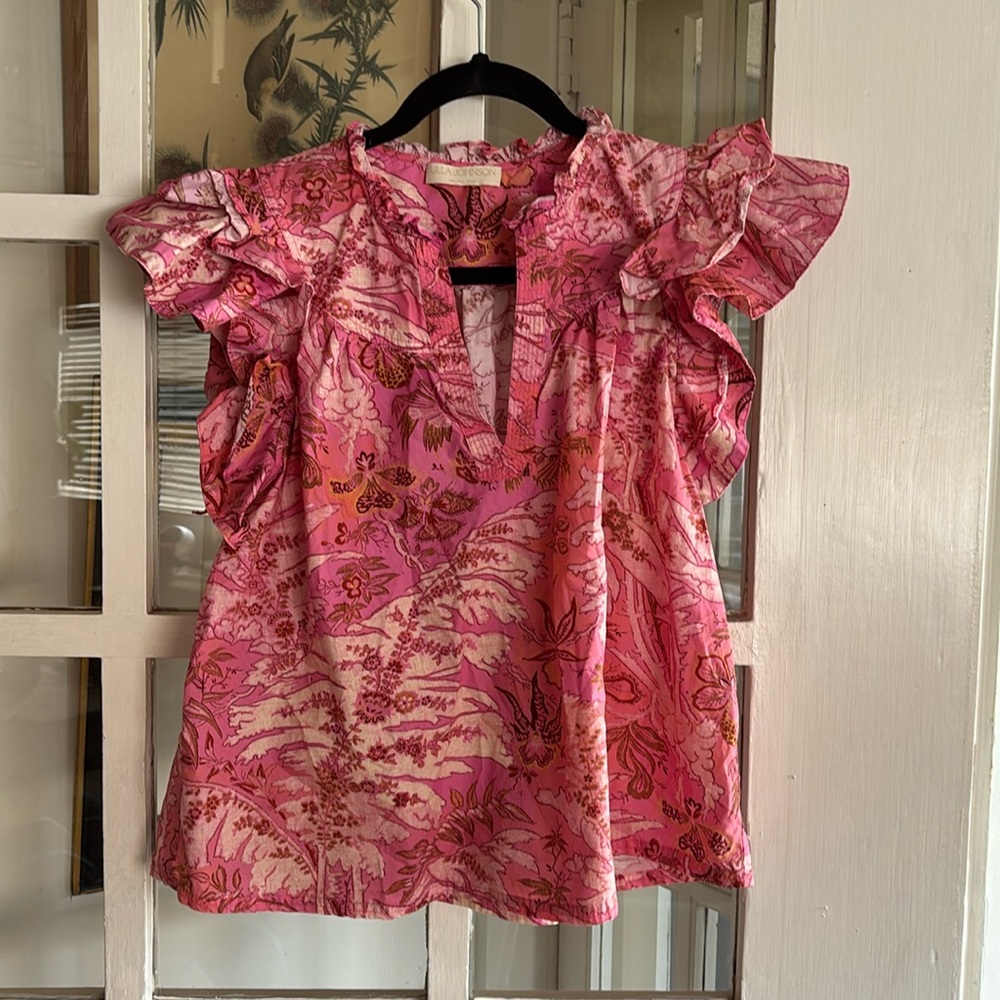 Ulla Johnson Fuchsia Floral Ruffle Blouse